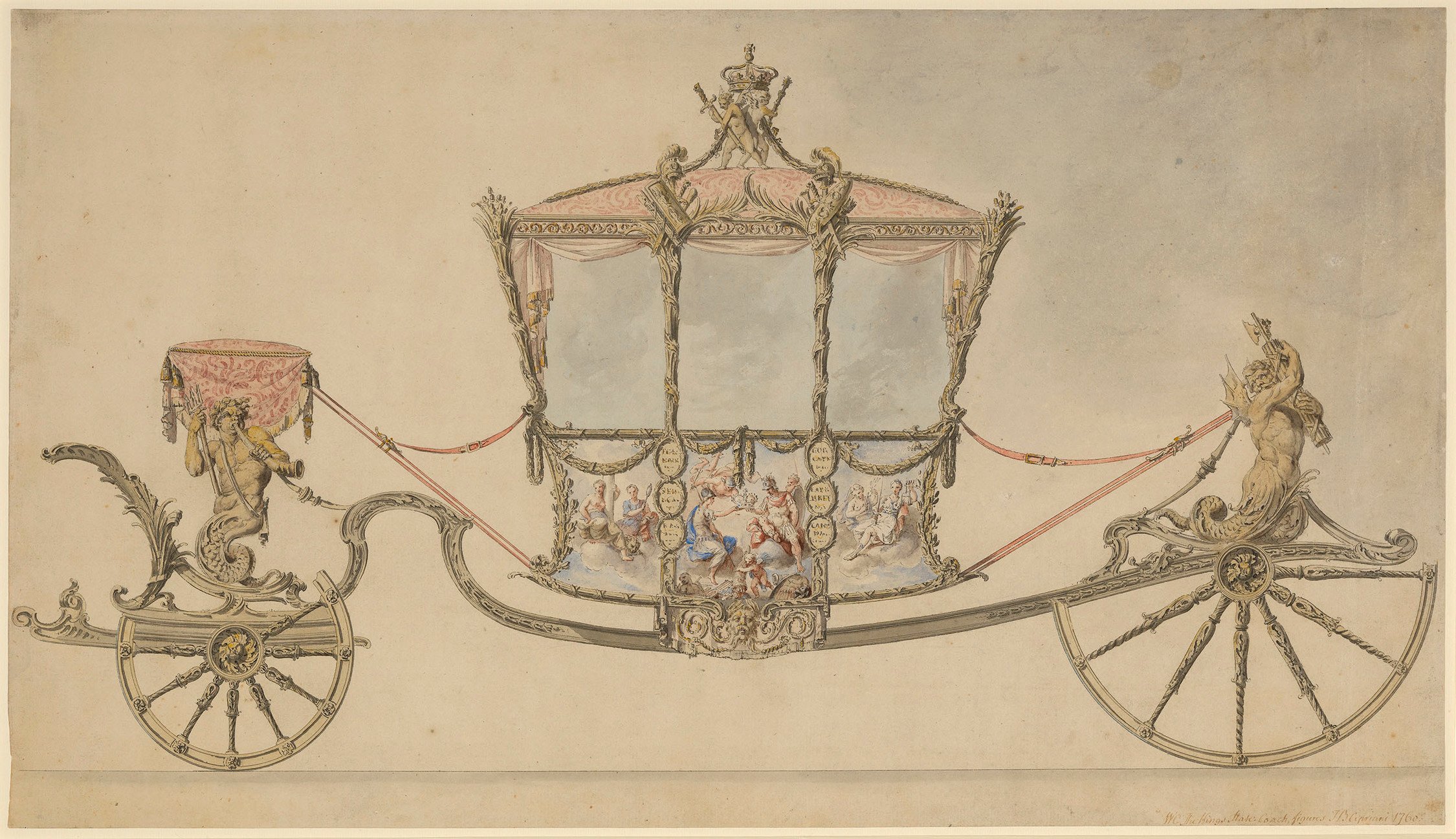 Pen and ink and watercolour design for the King's State Coach, shown from the side.
According to the official journal of the Department of the Master of the Horse for 1760, &lsquo;At the Commencement of this Reign [25 October 1760] a very superb State Coa