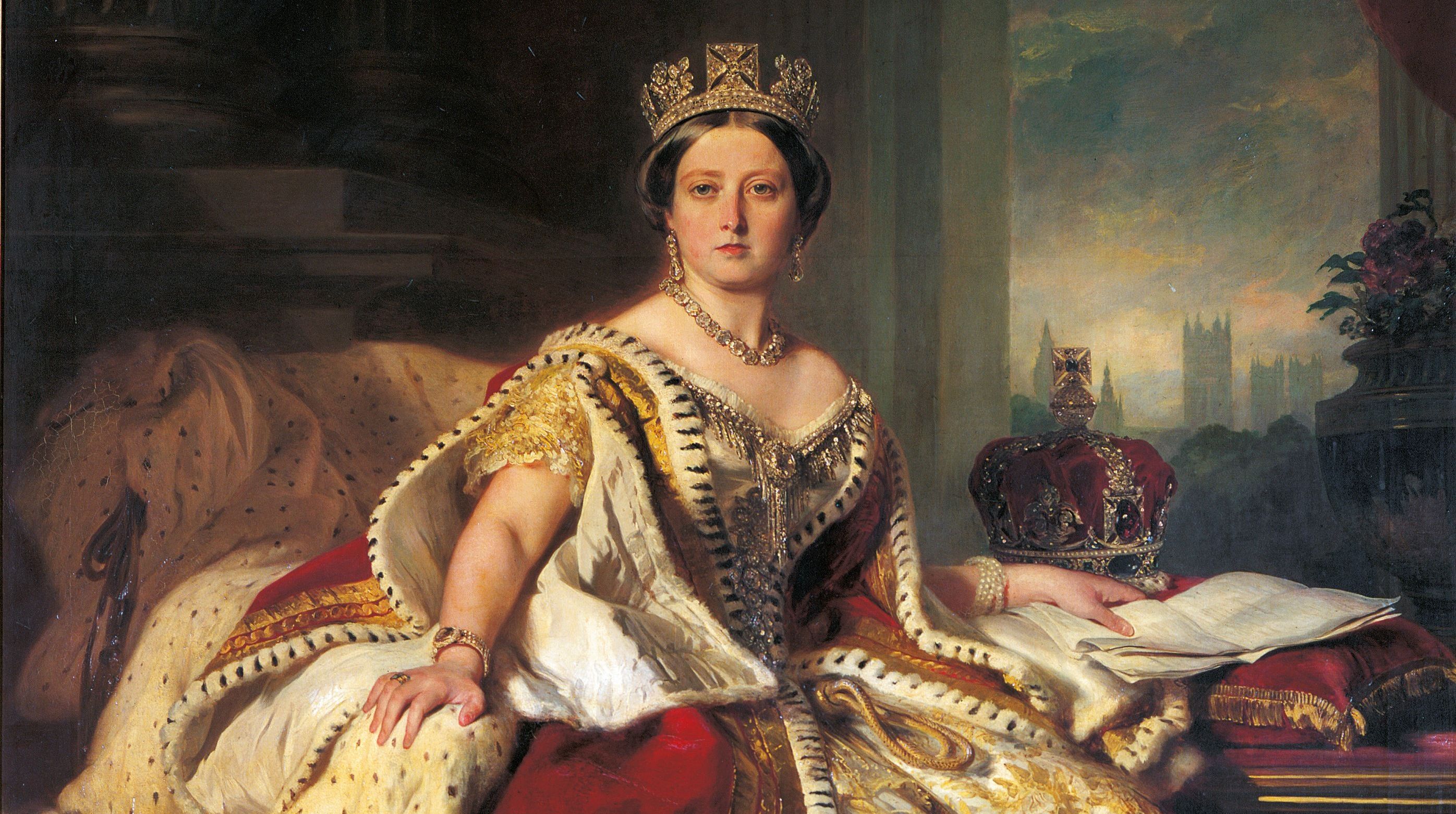 Queen Victoria at her coronation, wearing robes of state